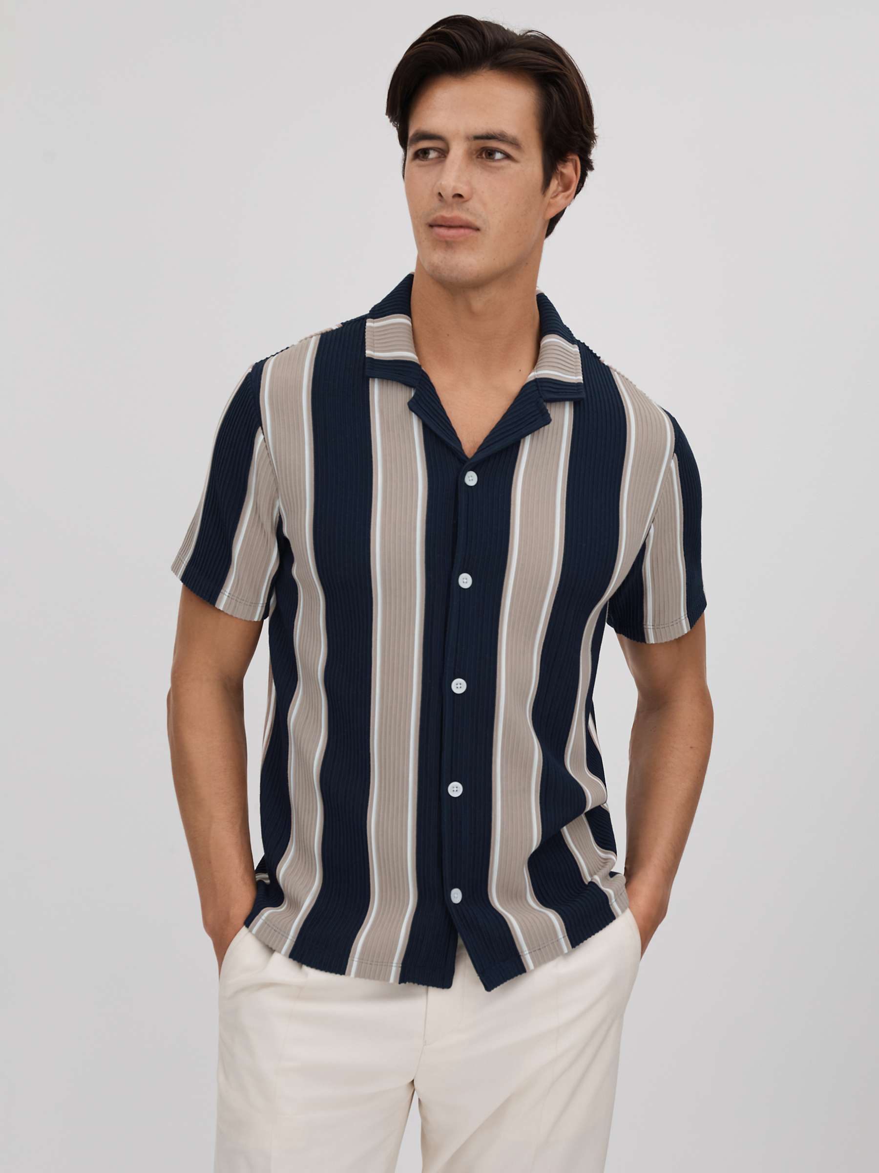 Buy Reiss Alton Short Sleeve Textured Stripe Shirt, Navy/Camel Online at johnlewis.com