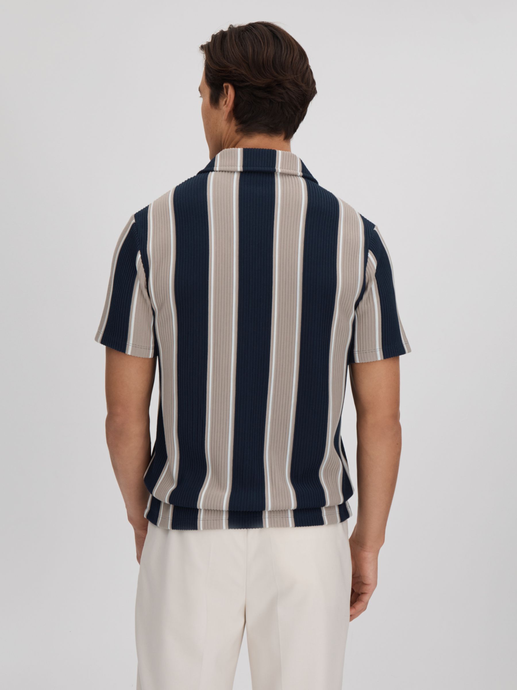 Reiss Alton Short Sleeve Textured Stripe Shirt, Navy/Camel, XL