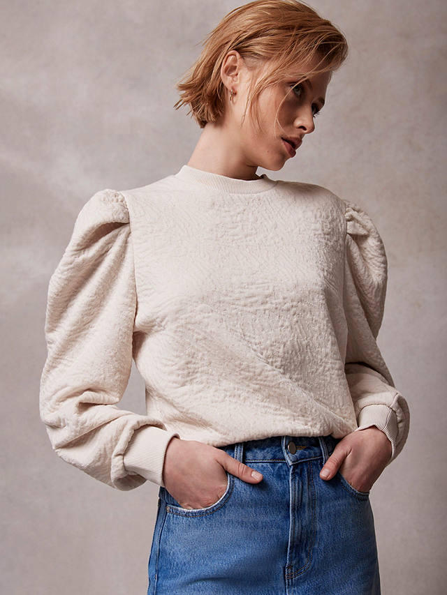 Mint Velvet Puff Sleeve Textured Cropped Sweatshirt, Natural