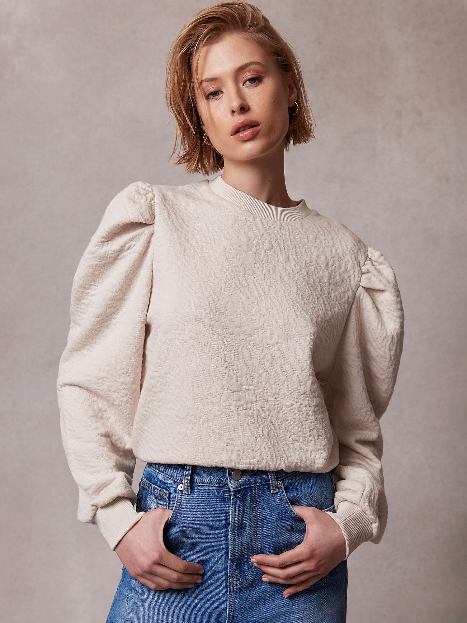Buy Mint Velvet Puff Sleeve Textured Cropped Sweatshirt, Natural Online at johnlewis.com
