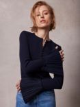 Mint Velvet Henley Fluted Sleeve Top, Navy