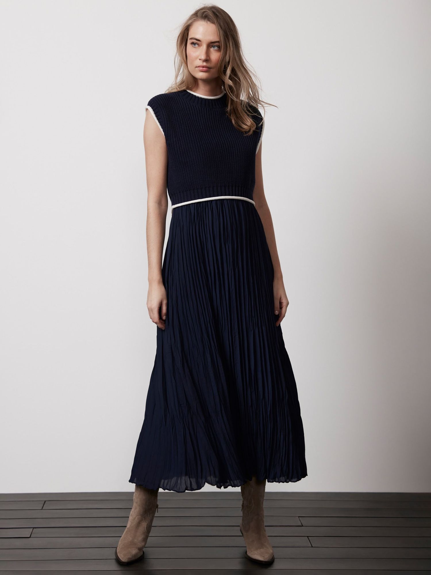 Mint Velvet Ribbed Midi Knit Dress, Navy at John Lewis & Partners