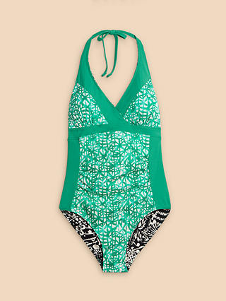 White Stuff Sunshine Reversible Halterneck Swimsuit, Green/Black