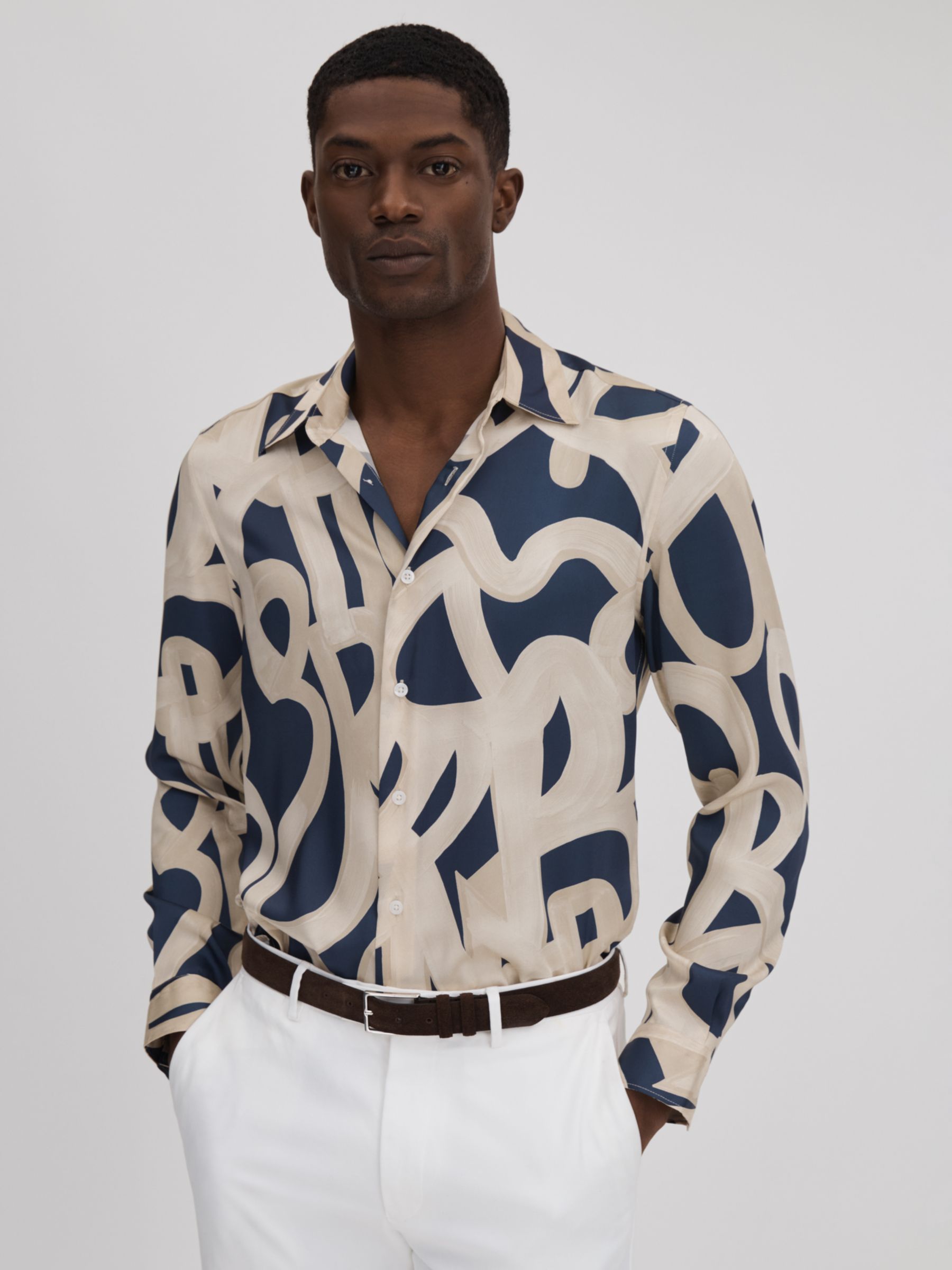 Reiss Jude Long Sleeve Painted Print Shirt, Navy/Ecru, M