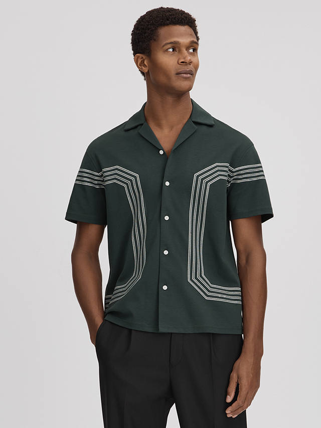 Reiss Arlington Embroidered Cuban Collar Shirt, Emerald