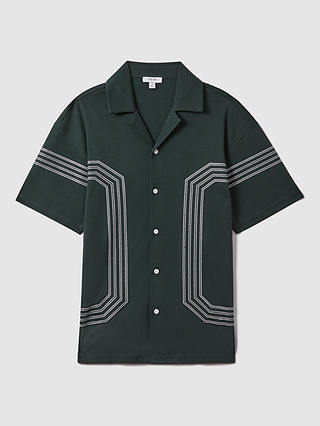 Reiss Arlington Embroidered Cuban Collar Shirt, Emerald