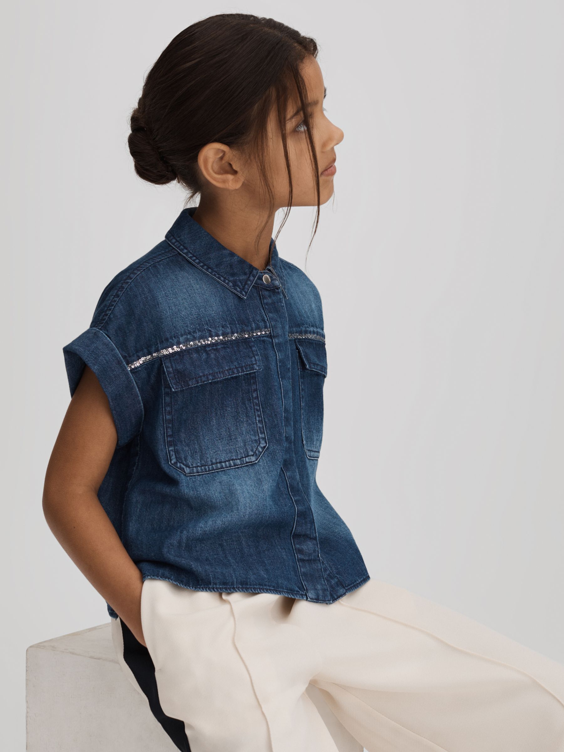 Reiss Kids' Sandie Denim Top, Blue, 9-10 years