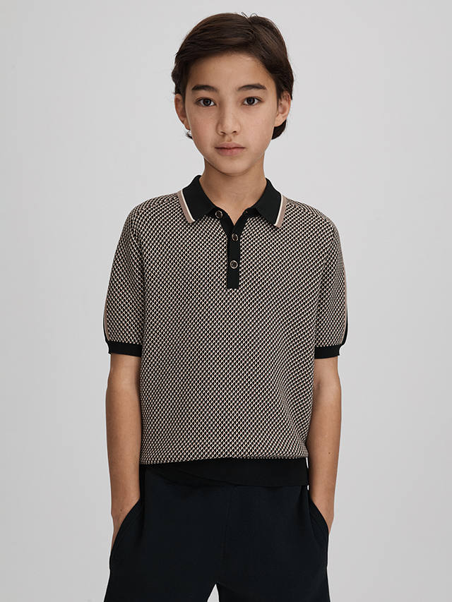Reiss Kids' Brunswick Geometric Knit Polo Shirt, Hunting Green