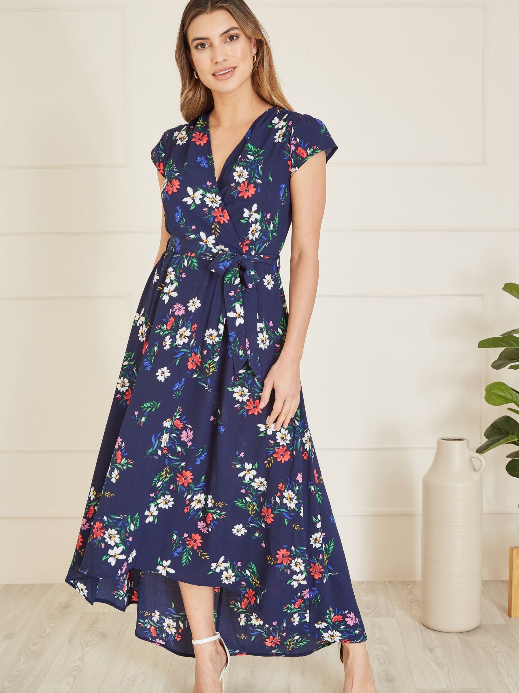 Mela London Floral Print Dip Hem Midi Dress, Navy/Multi, 8