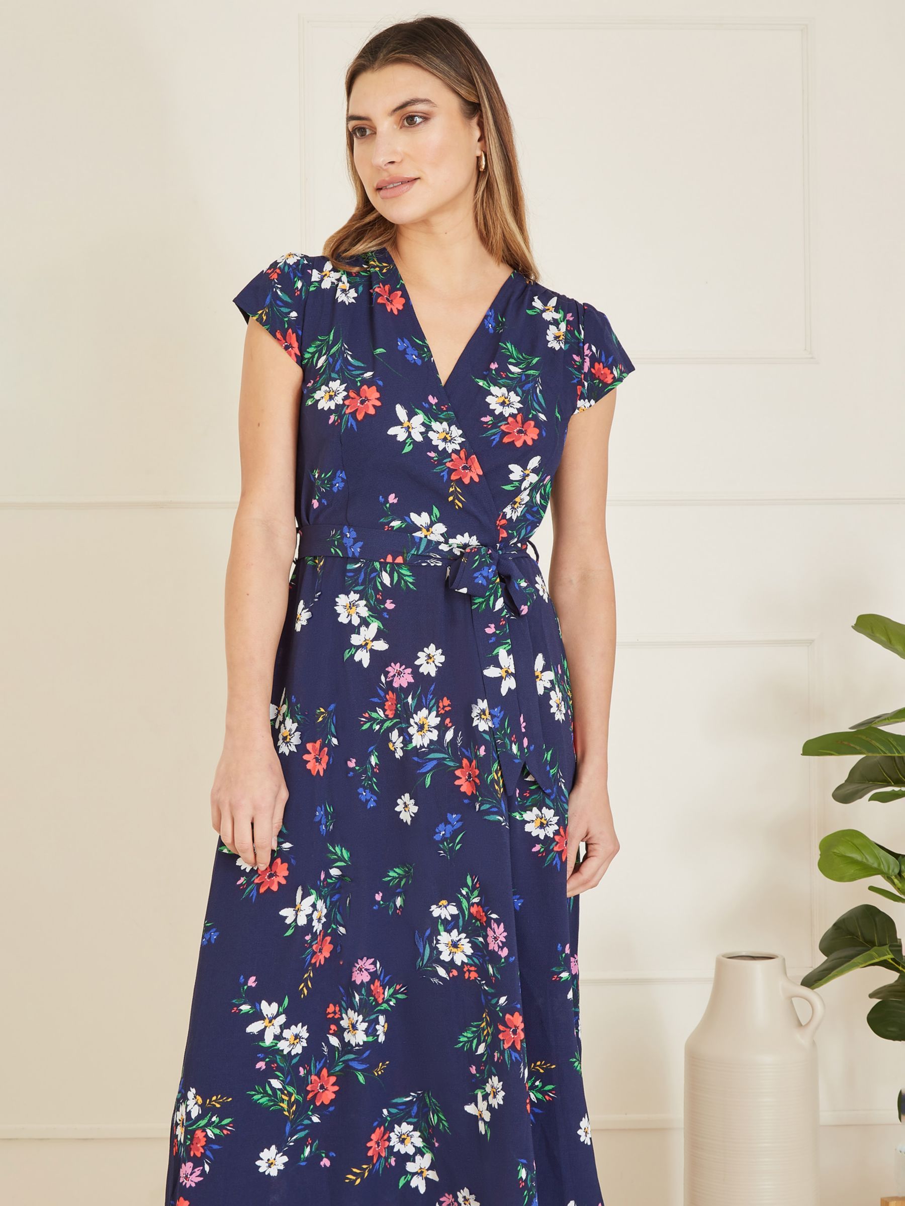 Mela London Floral Print Dip Hem Midi Dress, Navy/Multi, 8
