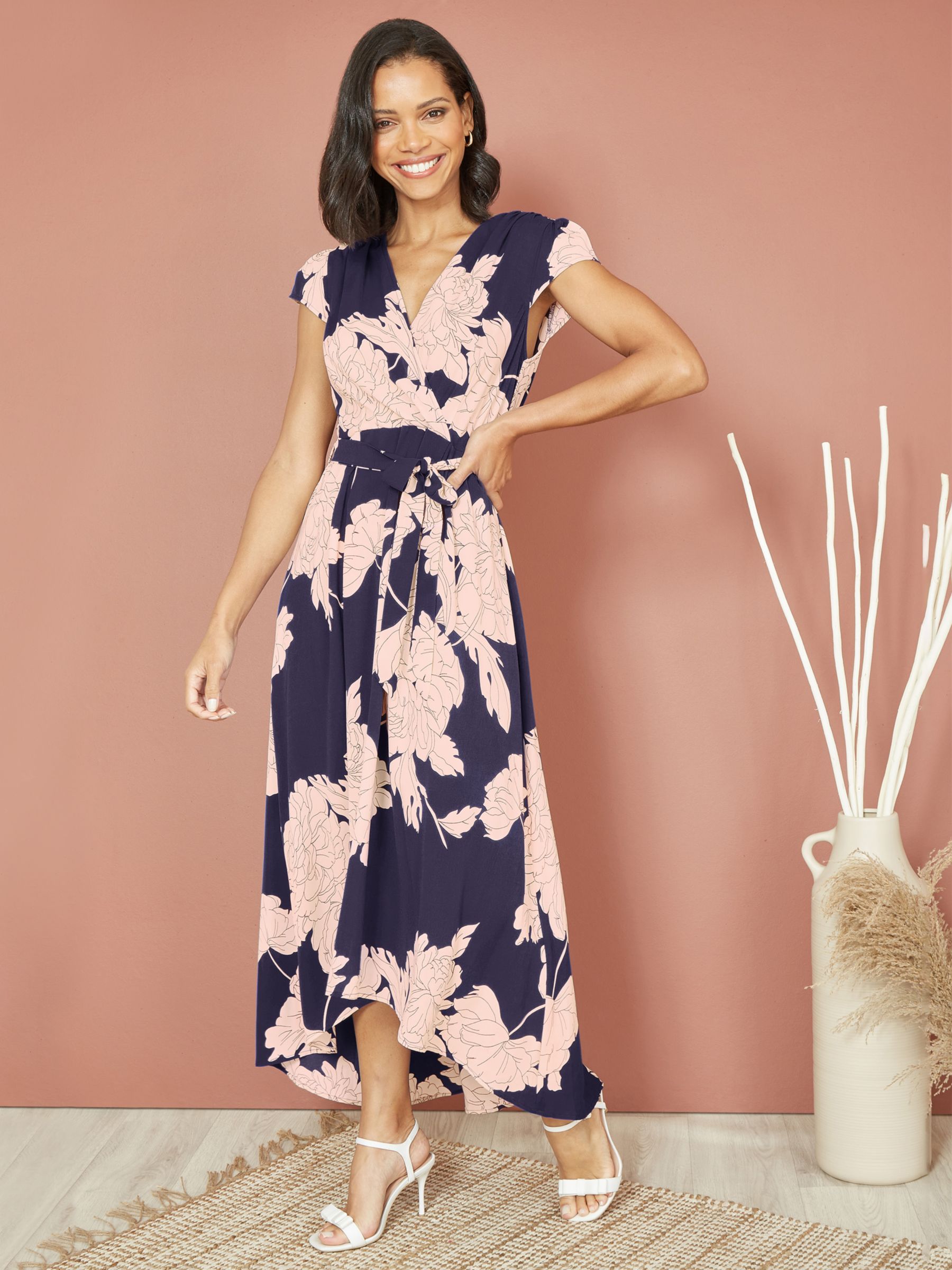 Mela London Blossom Print Midi Dipped Hem Wrap Dress, Navy/Multi, 8