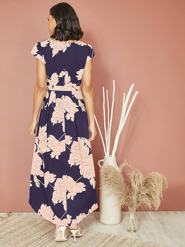 Mela London Blossom Print Midi Dipped Hem Wrap Dress, Navy/Multi
