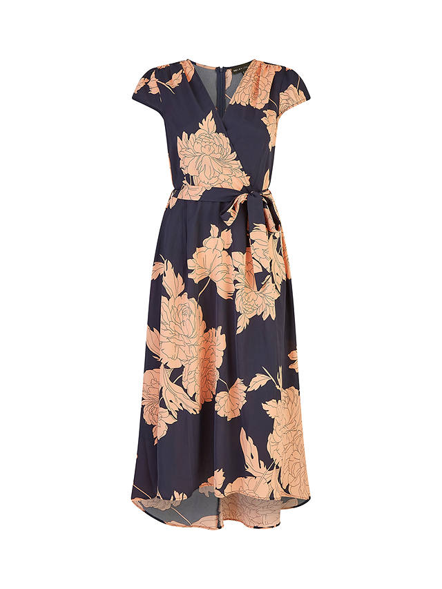 Mela London Blossom Print Midi Dipped Hem Wrap Dress, Navy/Multi