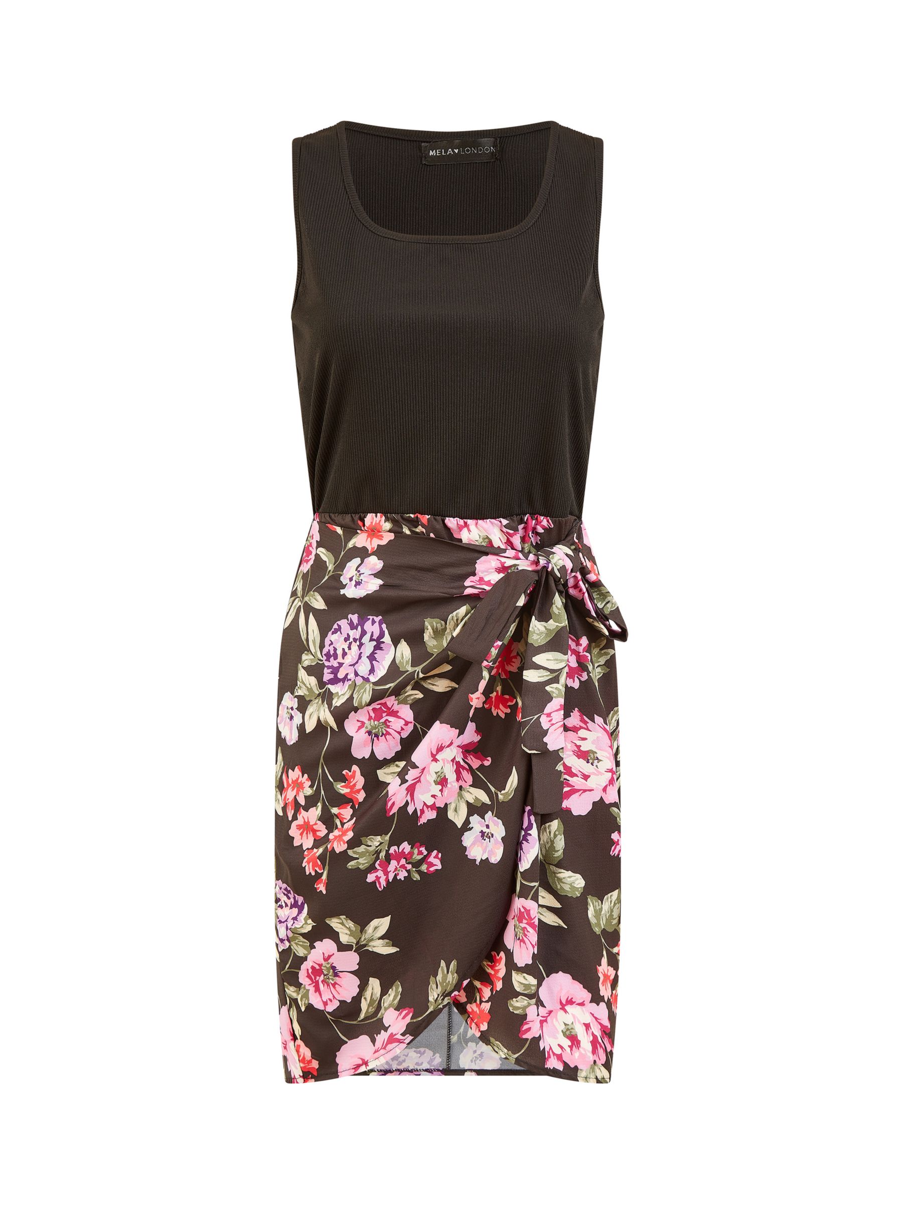 Mela London Floral Print Wrap Mini Dress, Black/Multi, 8