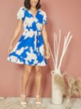 Yumi Mela London Blossom Print Skater Mini Wrap Dress, Blue/Multi