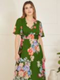 Yumi Mela London Floral Print Ruched Waist Maxi Dress, Green