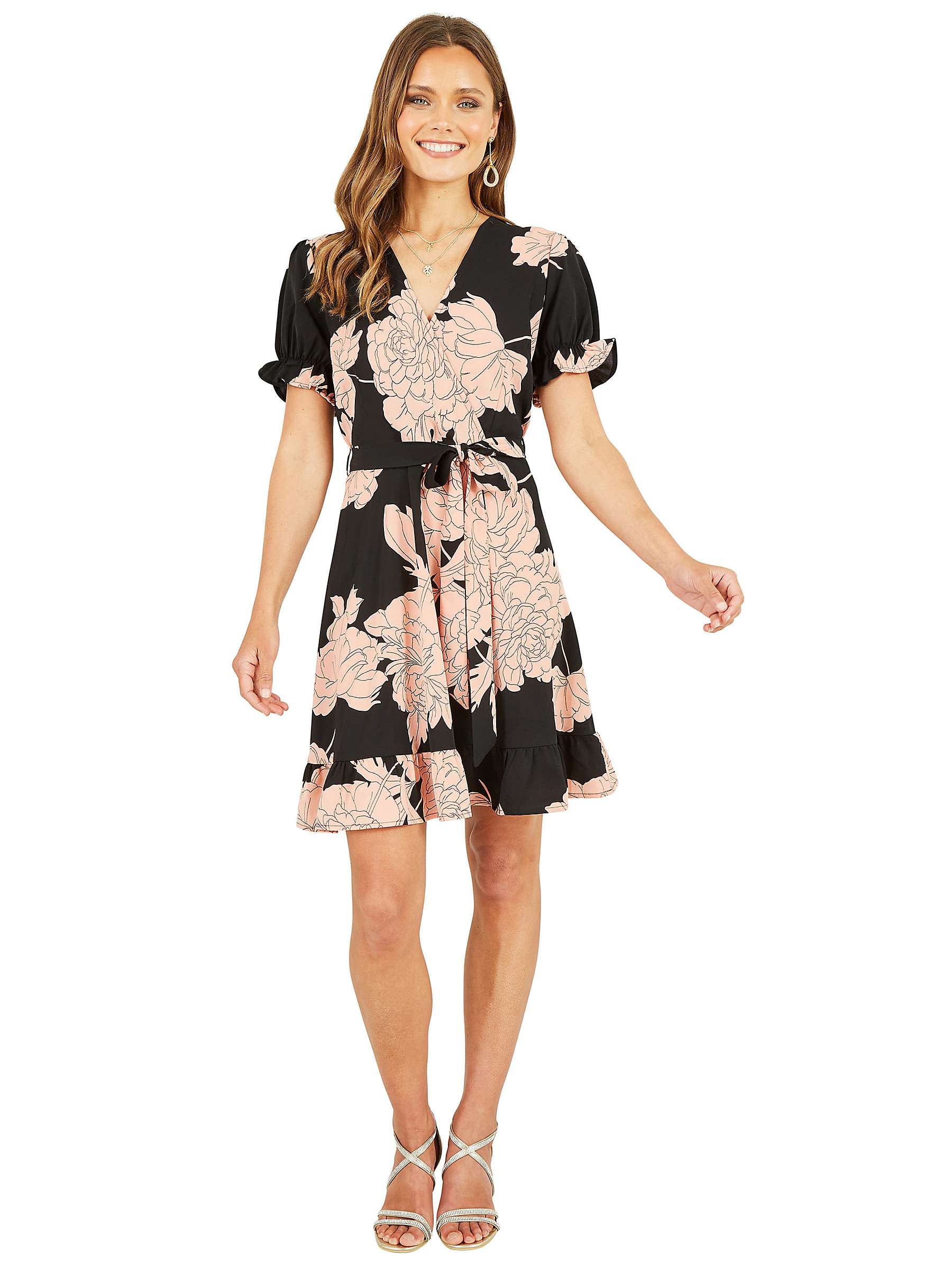 Buy Mela London Blossom Wrap Dress Puff Sleeves Mini Dress, Black/Pink Online at johnlewis.com