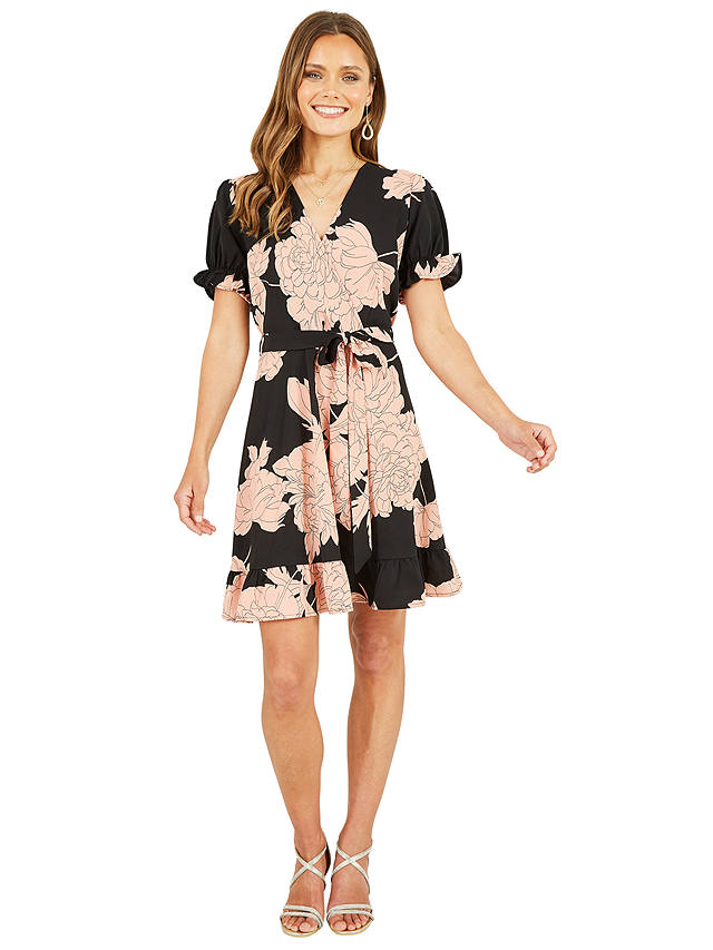 Mela London Blossom Wrap Dress Puff Sleeves Mini Dress, Black/Pink