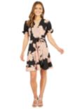 Mela London Blossom Wrap Dress Puff Sleeves Mini Dress, Black/Pink