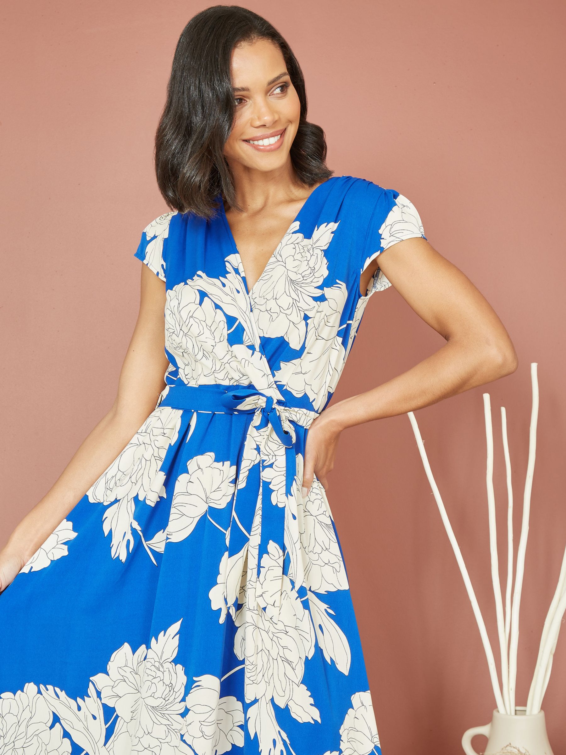 Buy Yumi Mela London Blossom Print Wrap Dip Hem Midi Dress, Blue/White Online at johnlewis.com