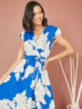 Yumi Mela London Blossom Print Wrap Dip Hem Midi Dress, Blue/White