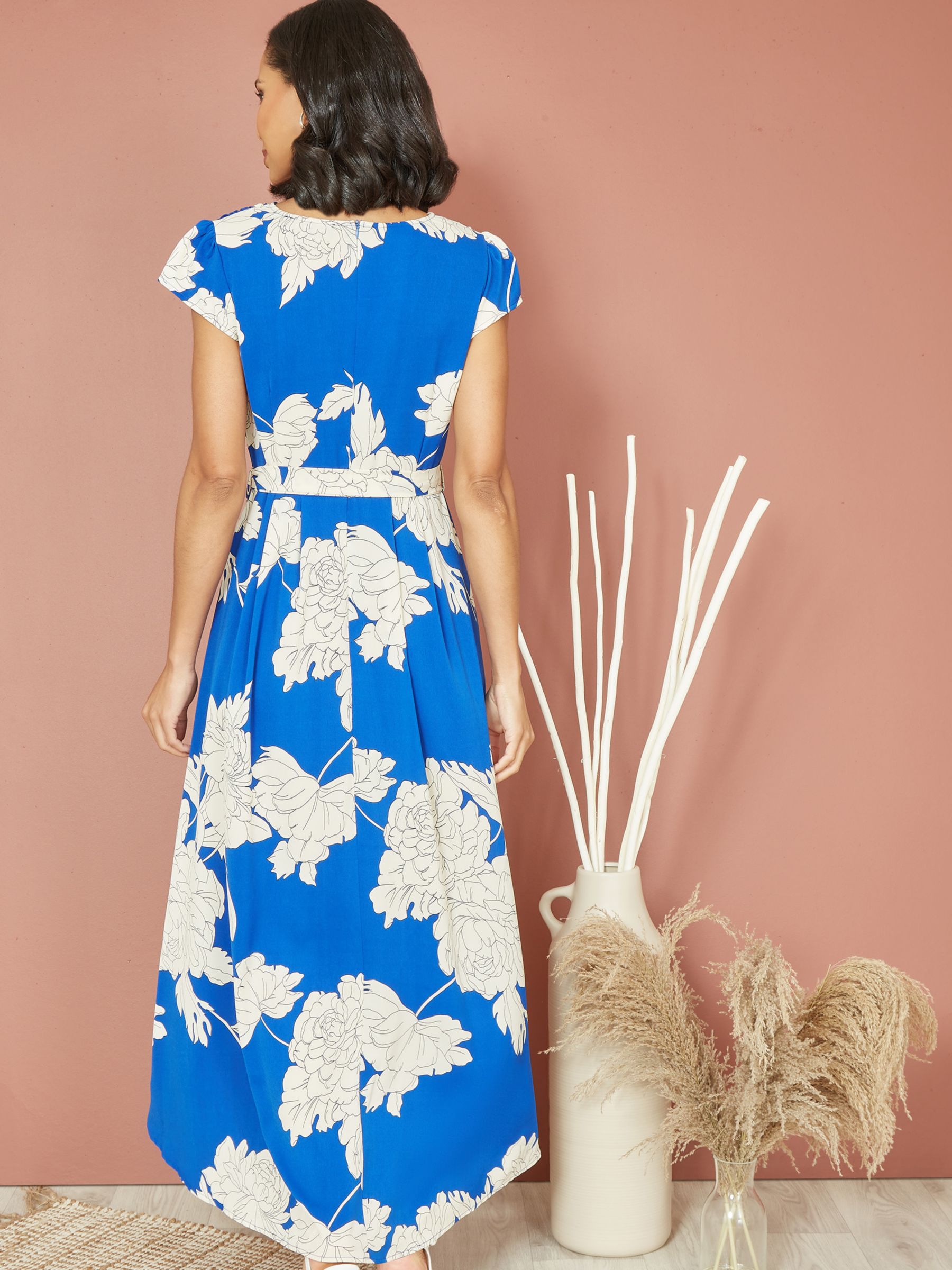 Yumi Mela London Blossom Print Wrap Dip Hem Midi Dress, Blue/White, 22