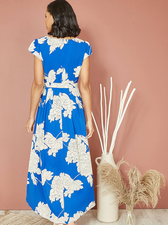 Yumi Mela London Blossom Print Wrap Dip Hem Midi Dress, Blue/White