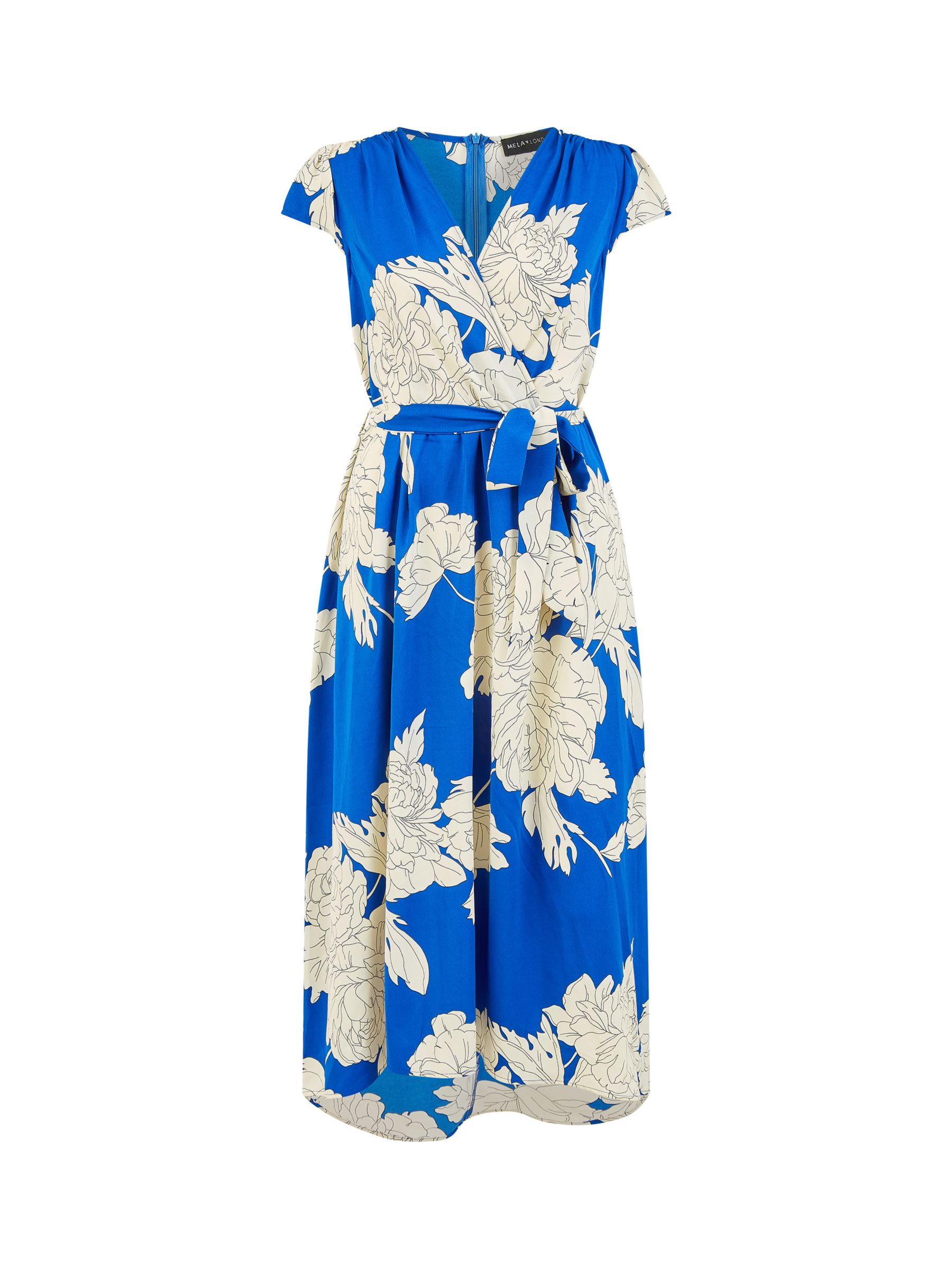 Yumi Mela London Blossom Print Wrap Dip Hem Midi Dress, Blue/White, 22
