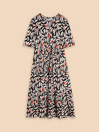 White Stuff Naya Abstract Print Midi Tiered Dress, Black/Multi