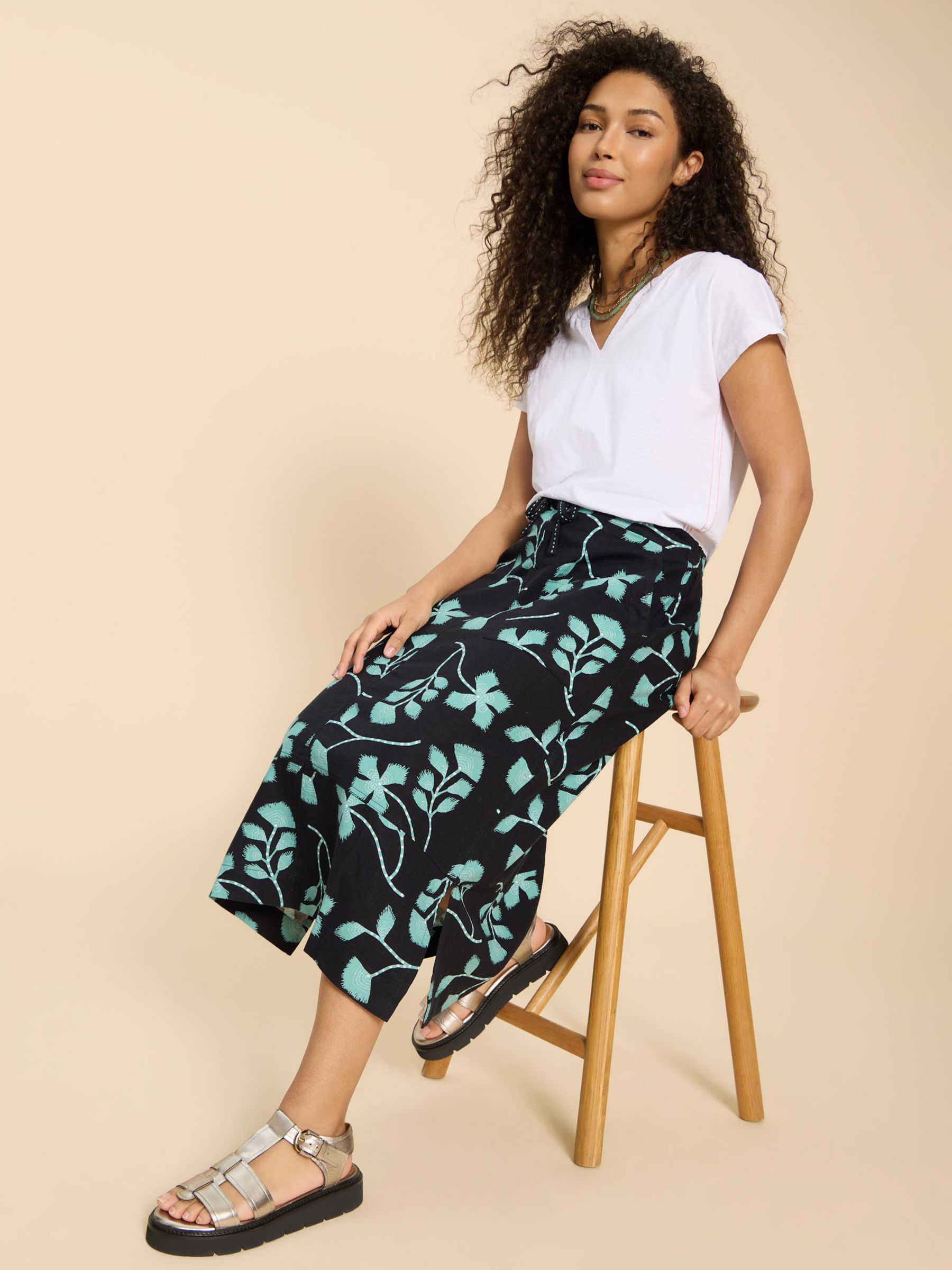 White Stuff Elle Linen Blend Midi Skirt, Black/Multi