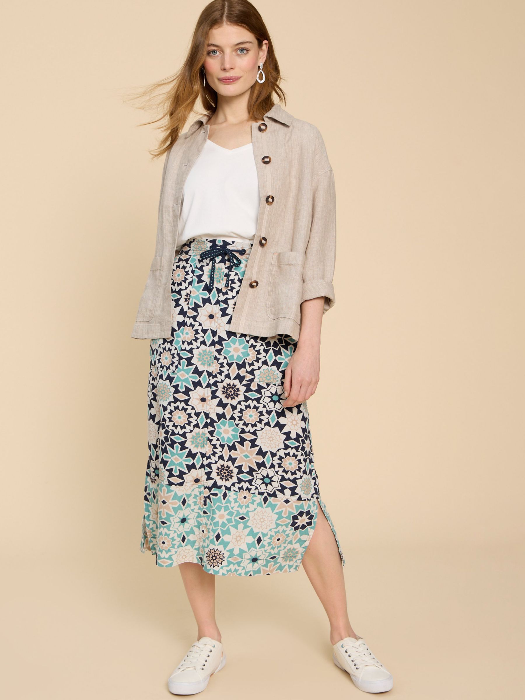 Buy White Stuff Elle Linen Blend Midi Skirt, Navy/Multi Online at johnlewis.com