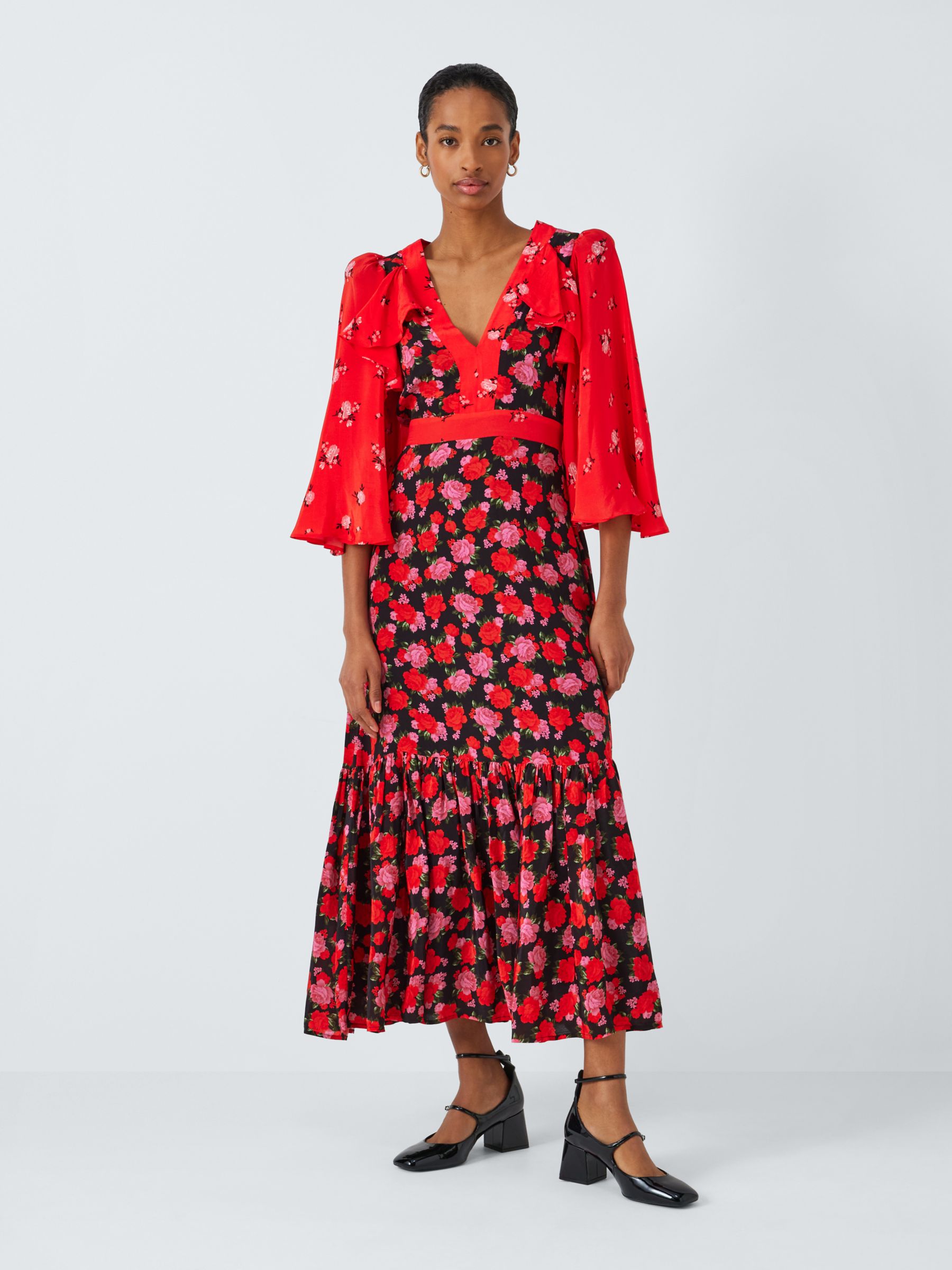 Queens of archive Chrissie Rose Print Midi Dress, Red/Multi, XS