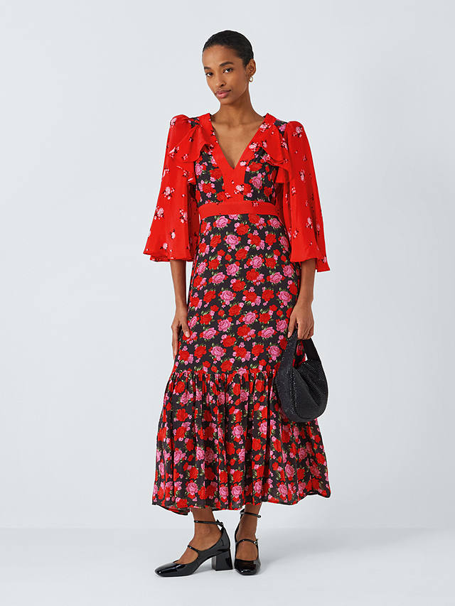 Queens of archive Chrissie Rose Print Midi Dress, Red/Multi