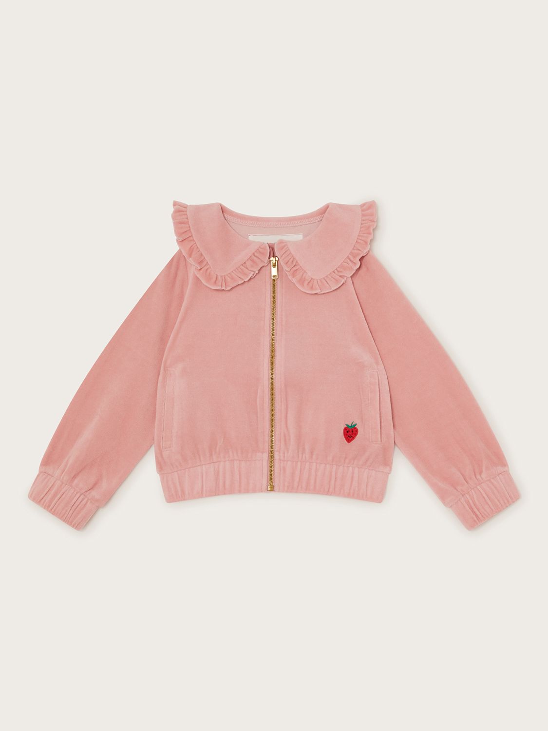 Monsoon Kids' Berry Nice Velour Ruffle Collar Bomber Jacket, Pale Pink, 3-4 years