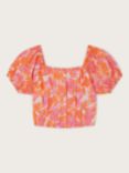 Monsoon Kids' Tinashe Palm Print Puff Sleeve Top, Coral/Multi