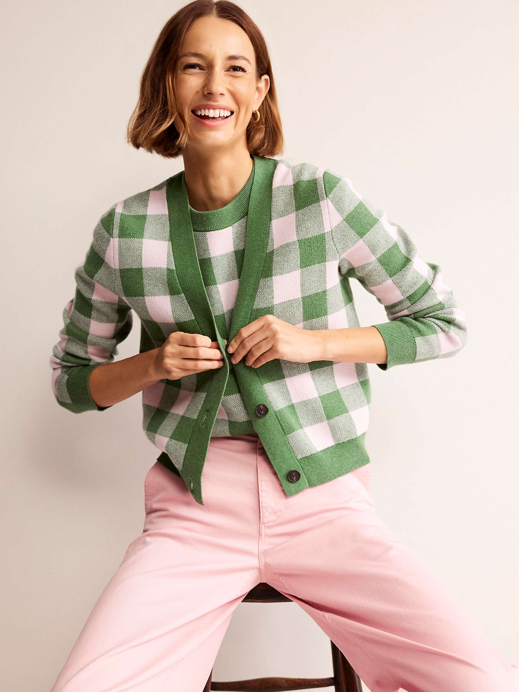 Buy Boden Gingham Cashmere Blend Cardigan, Green/Orchid Pink Online at johnlewis.com