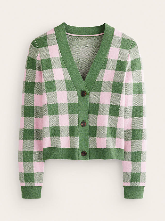 Boden Gingham Cashmere Blend Cardigan, Green/Orchid Pink