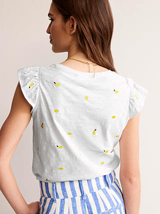 Boden Dora Embroidered Lemons Flutter Sleeve Top, White/Multi