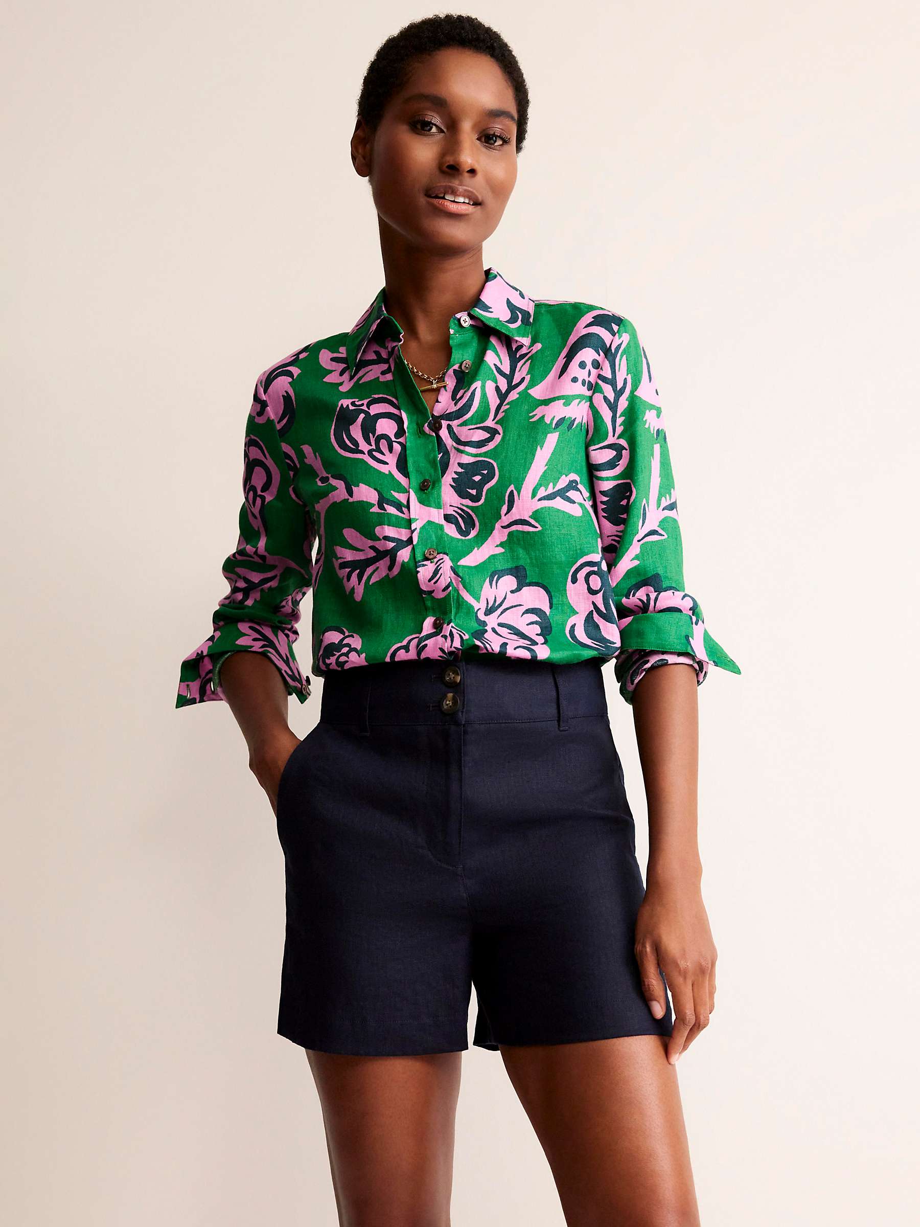 Buy Boden Sienna Large Floral Print Linen Shirt, Green/Rose Blush Online at johnlewis.com