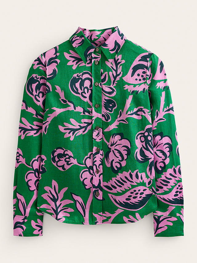 Boden Sienna Large Floral Print Linen Shirt, Green/Rose Blush