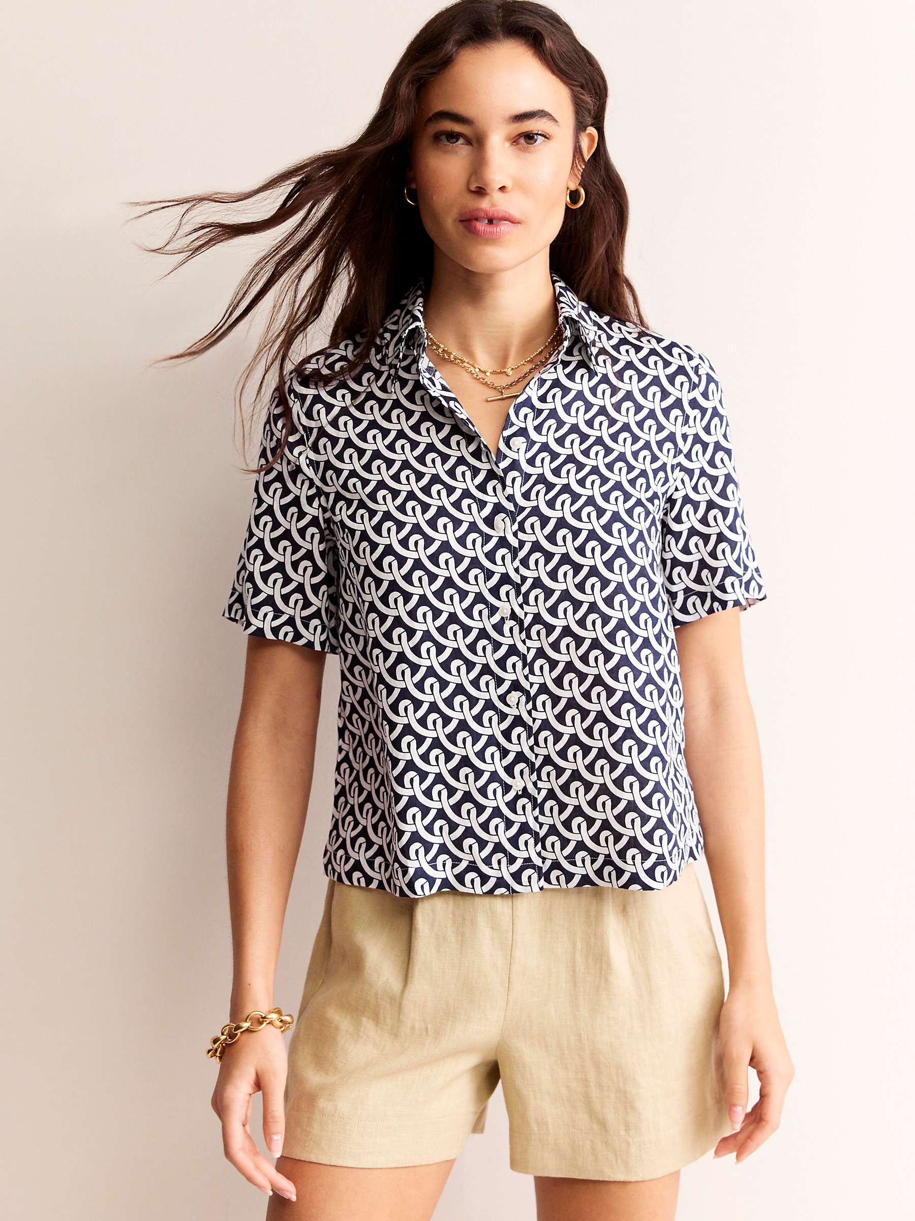 Buy Boden Hazel Geometric Terrace Print Linen Shirt, Navy Online at johnlewis.com