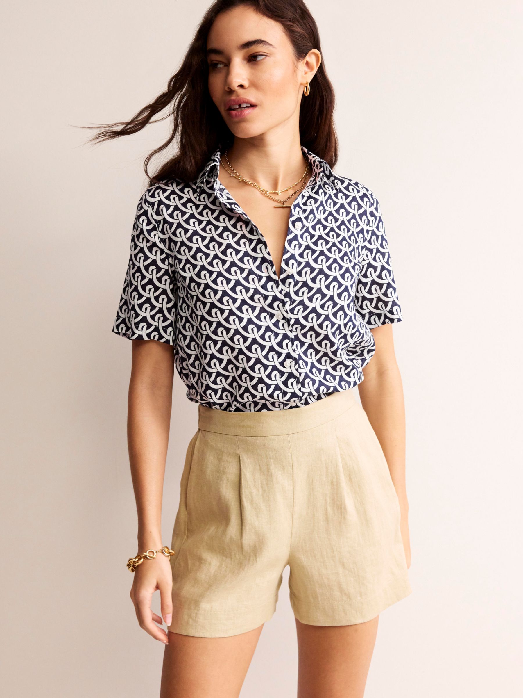 Buy Boden Hazel Geometric Terrace Print Linen Shirt, Navy Online at johnlewis.com