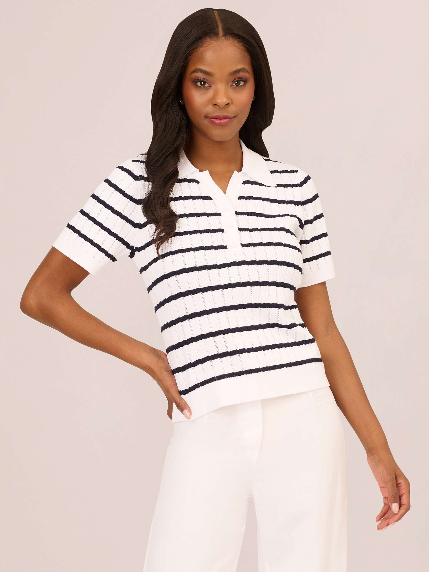 Buy Adrianna Papell Pointelle Short Sleeve Polo Neck Top, White/Blue Moon Online at johnlewis.com