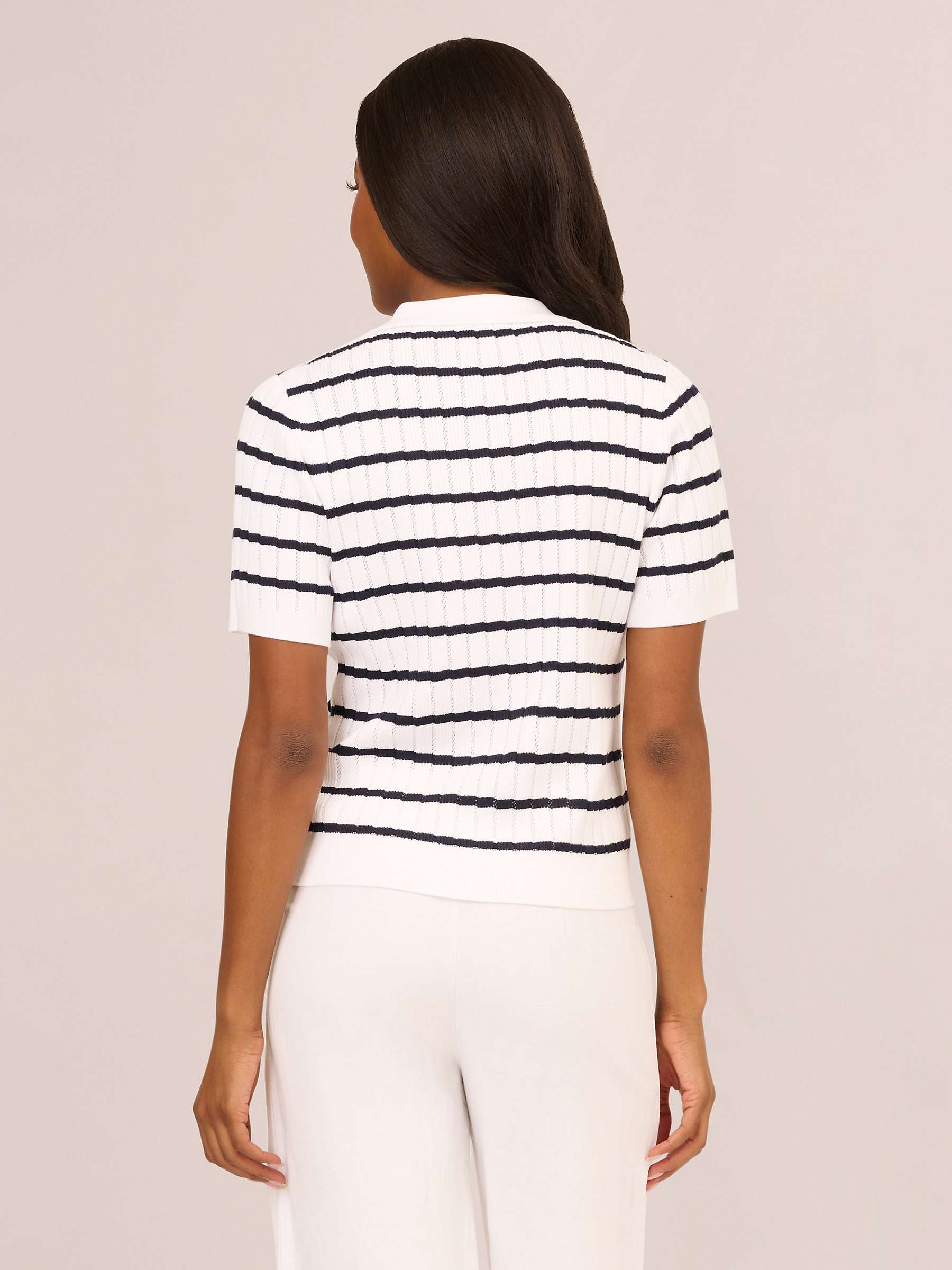 Buy Adrianna Papell Pointelle Short Sleeve Polo Neck Top, White/Blue Moon Online at johnlewis.com