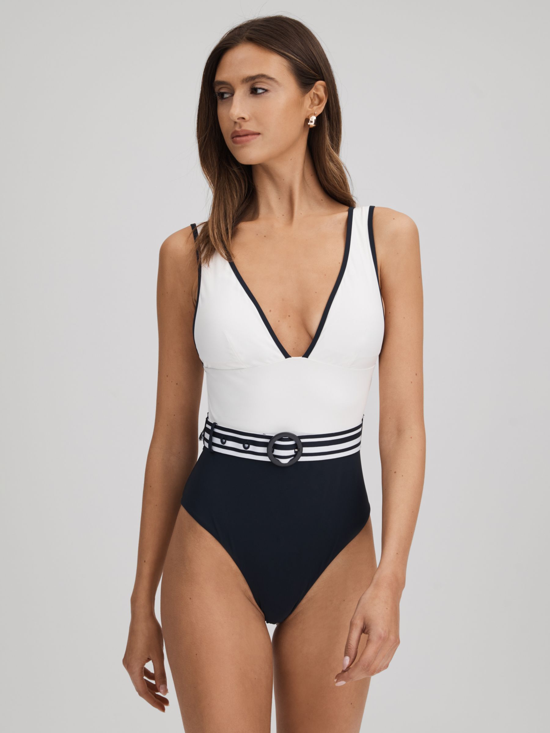 Reiss Willow Colour Block Plunge Neck Swimsuit, White/Navy, 6
