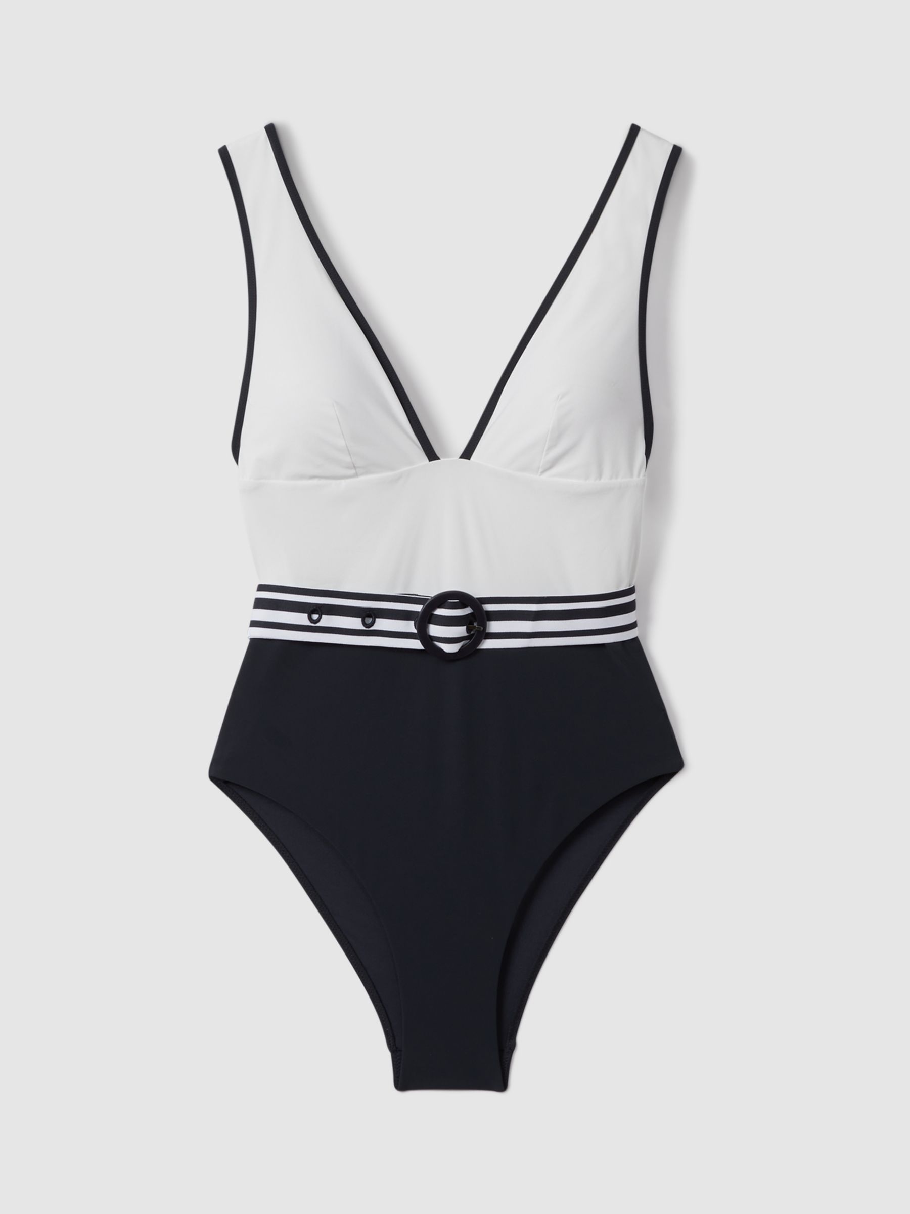 Reiss Willow Colour Block Plunge Neck Swimsuit, White/Navy, 6