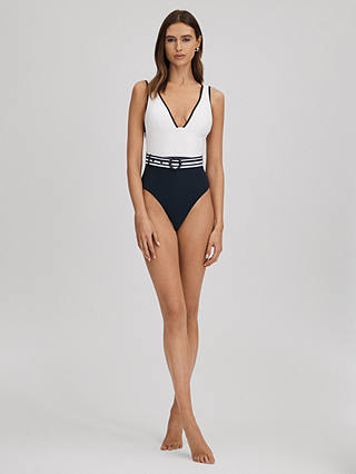 Reiss Willow Colour Block Plunge Neck Swimsuit, White/Navy