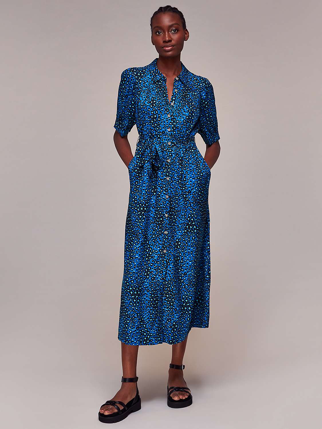 Buy Whistles Painted Leopard Print Midi Shirt Dress, Blue/Multi Online at johnlewis.com