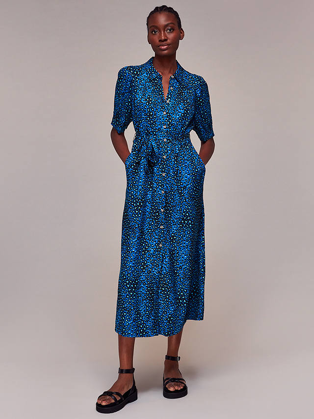 Whistles Painted Leopard Print Midi Shirt Dress, Blue/Multi