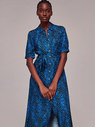 Whistles Painted Leopard Print Midi Shirt Dress, Blue/Multi